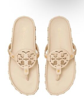 Tory Burch Miller Cloud Coin New Cream Leather Sandal Shoes Women's 5
